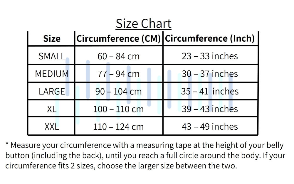 Size Chart for Lower Back Brace