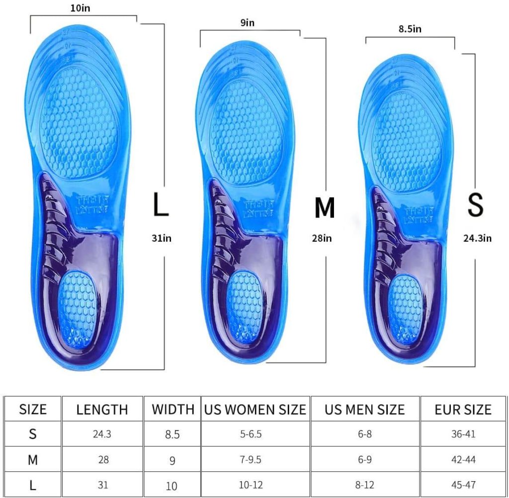 Professional Gel Insoles size chart